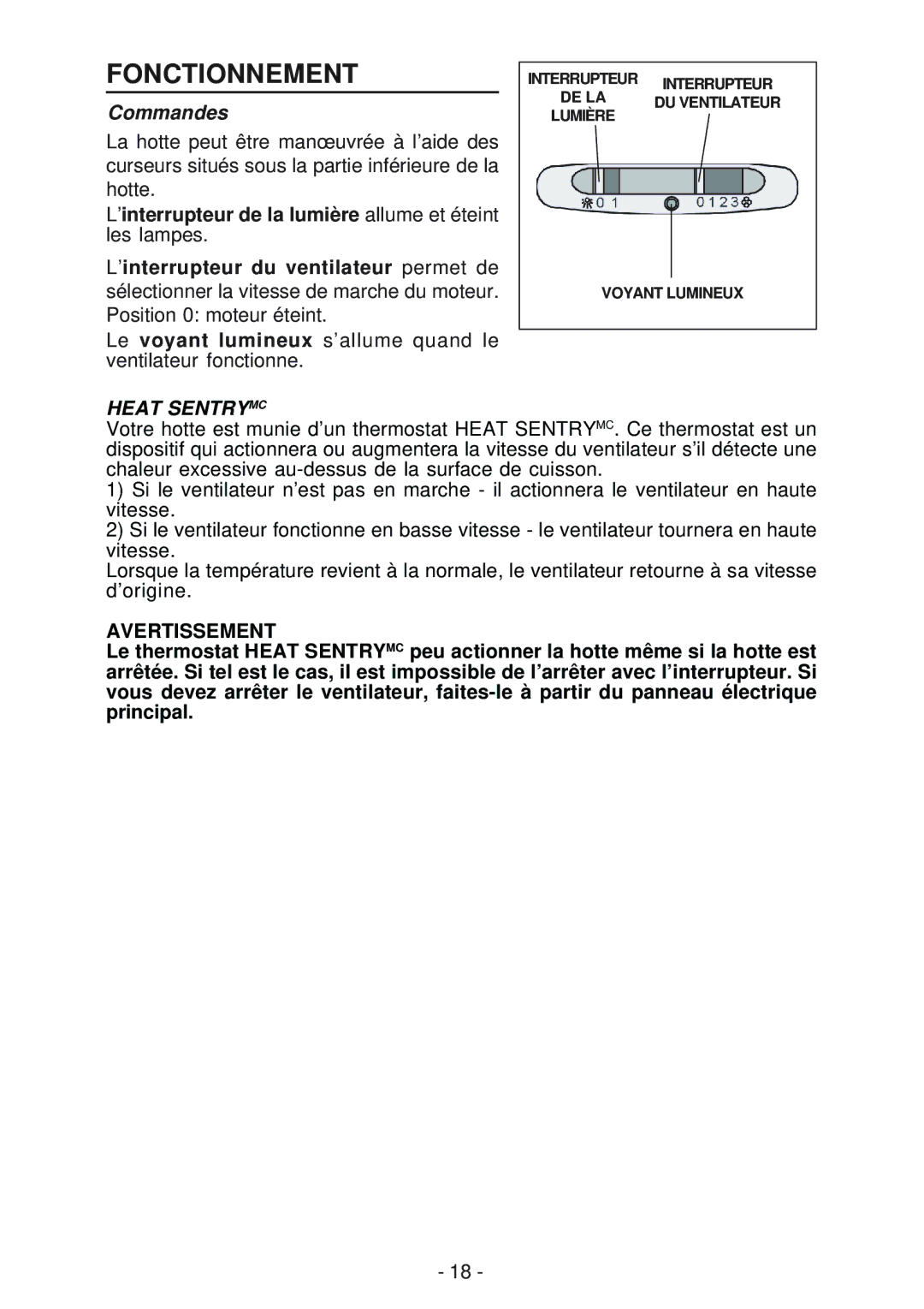 Broan RMP1 manual Fonctionnement, Commandes, Avertissement 