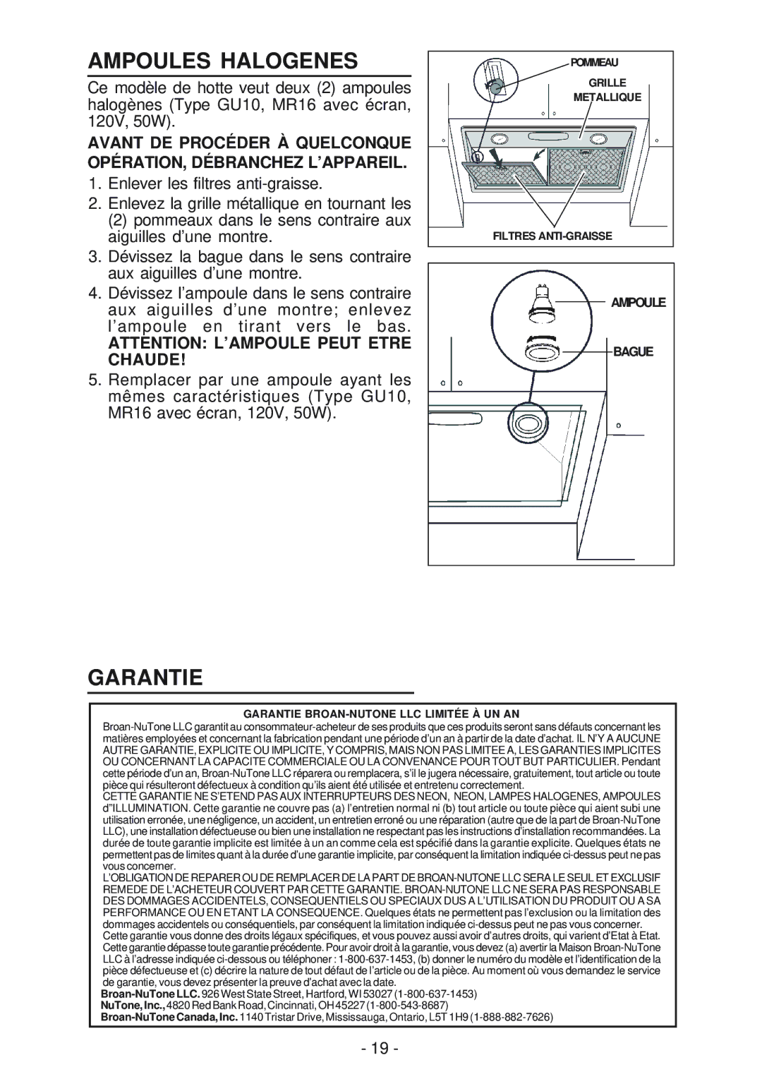 Broan RMP1 manual Ampoules Halogenes, Garantie 