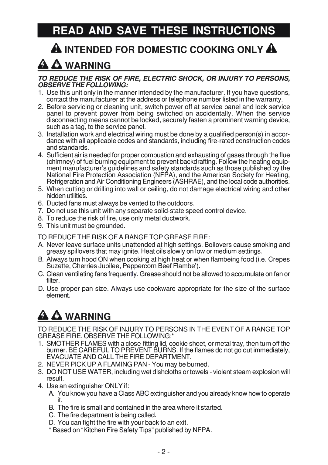 Broan RMP1 manual Read and Save These Instructions, Intended for Domestic Cooking only ! Warning 