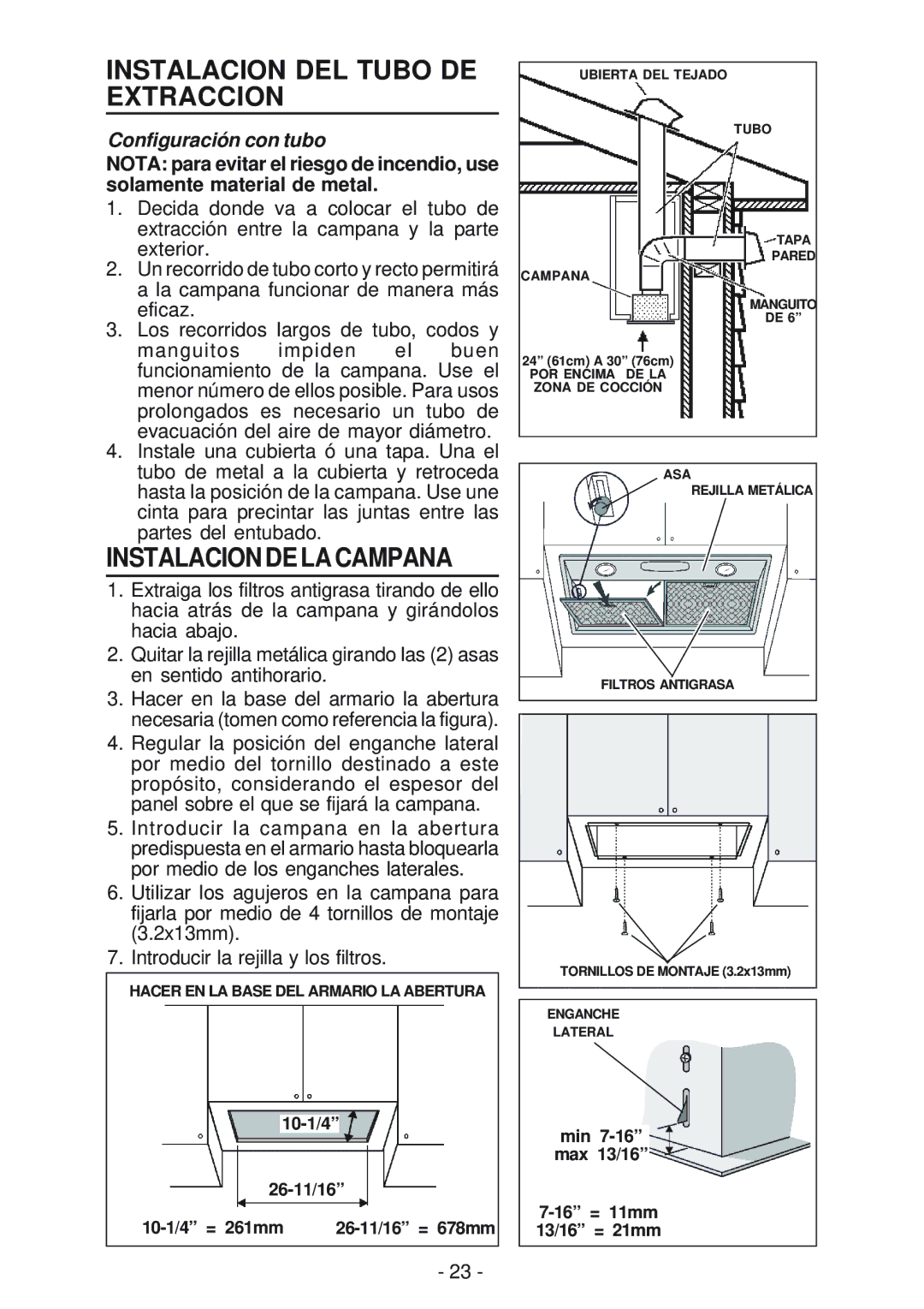 Broan RMP1 manual Instalacion DEL Tubo DE Extraccion, Instalacion DE LA Campana, Configuración con tubo 