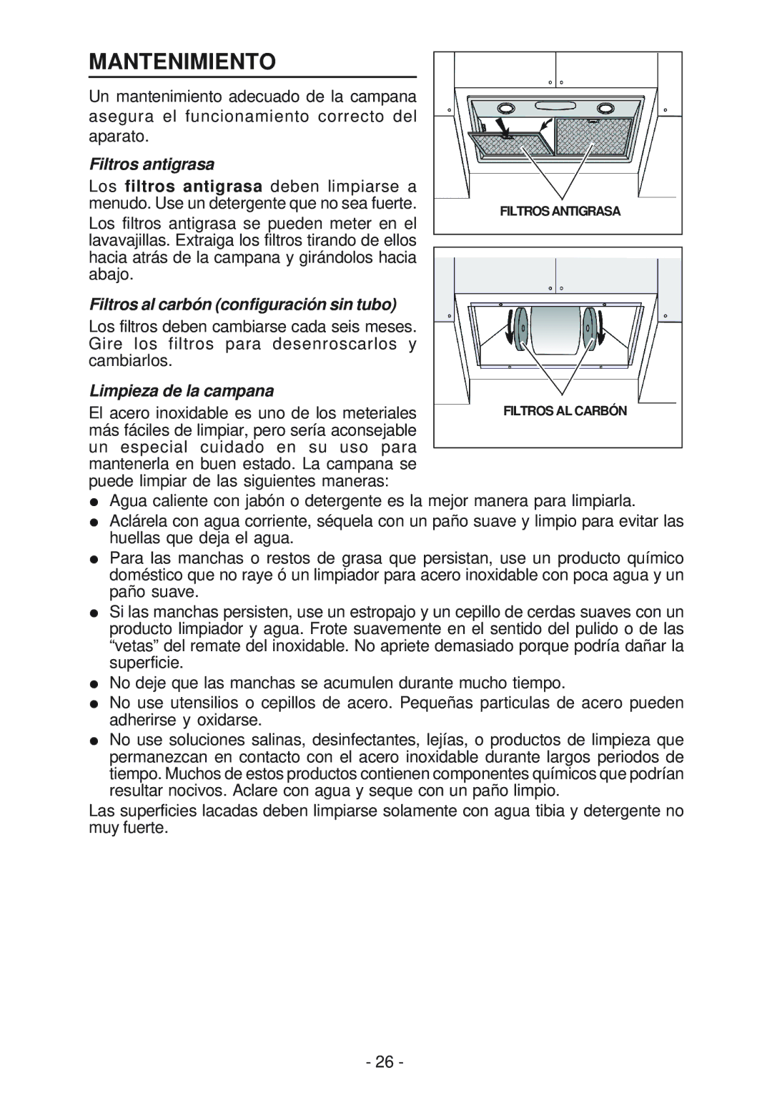 Broan RMP1 manual Mantenimiento, Filtros antigrasa, Filtros al carbón configuración sin tubo, Limpieza de la campana 