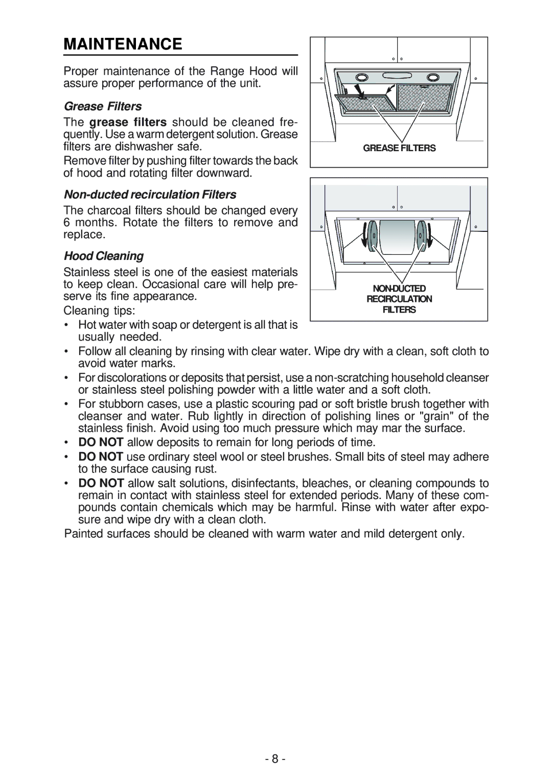 Broan RMP1 manual Maintenance, Grease Filters, Non-ducted recirculation Filters, Hood Cleaning 