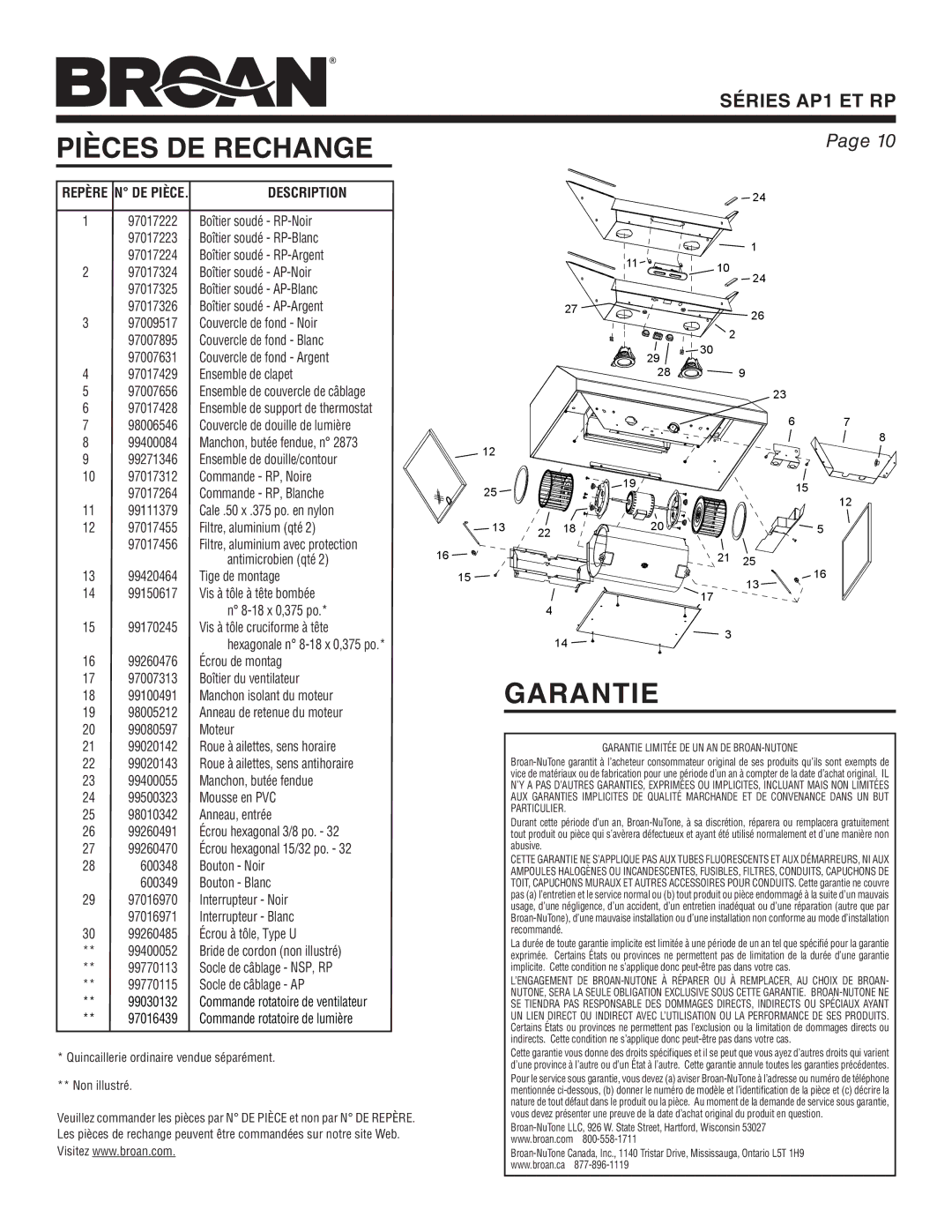 Broan RP, AP1 warranty Pièces DE Rechange, Garantie, Description 