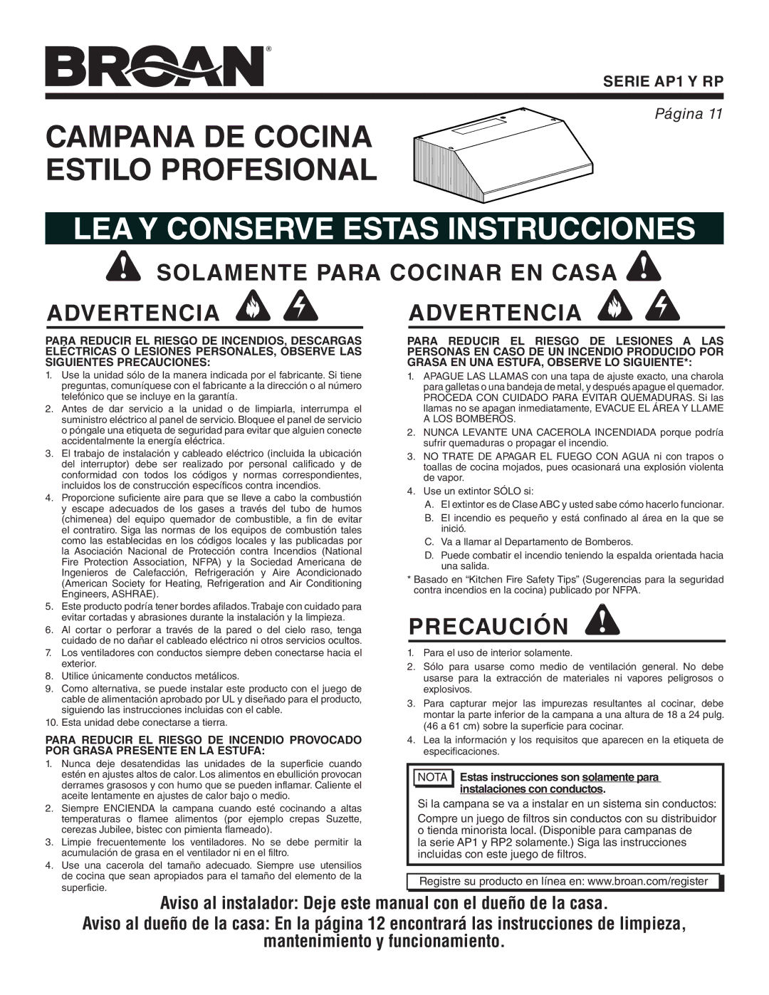 Broan AP1 Solamente Para Cocinar EN Casa Advertencia Advertencia, Precaución, Para Reducir EL Riesgo DE Incendio Provocado 