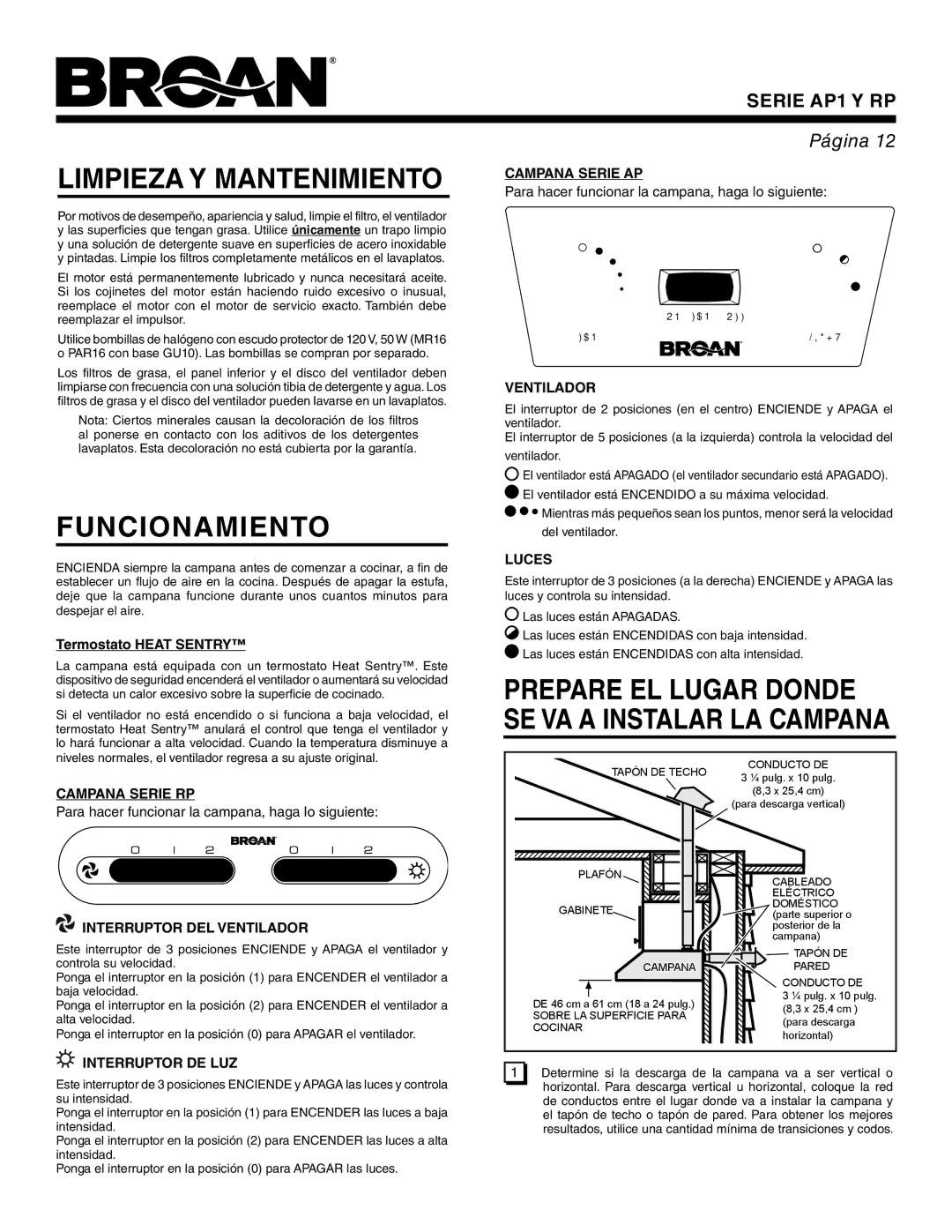 Broan RP, AP1 warranty Limpieza Y Mantenimiento, Funcionamiento 