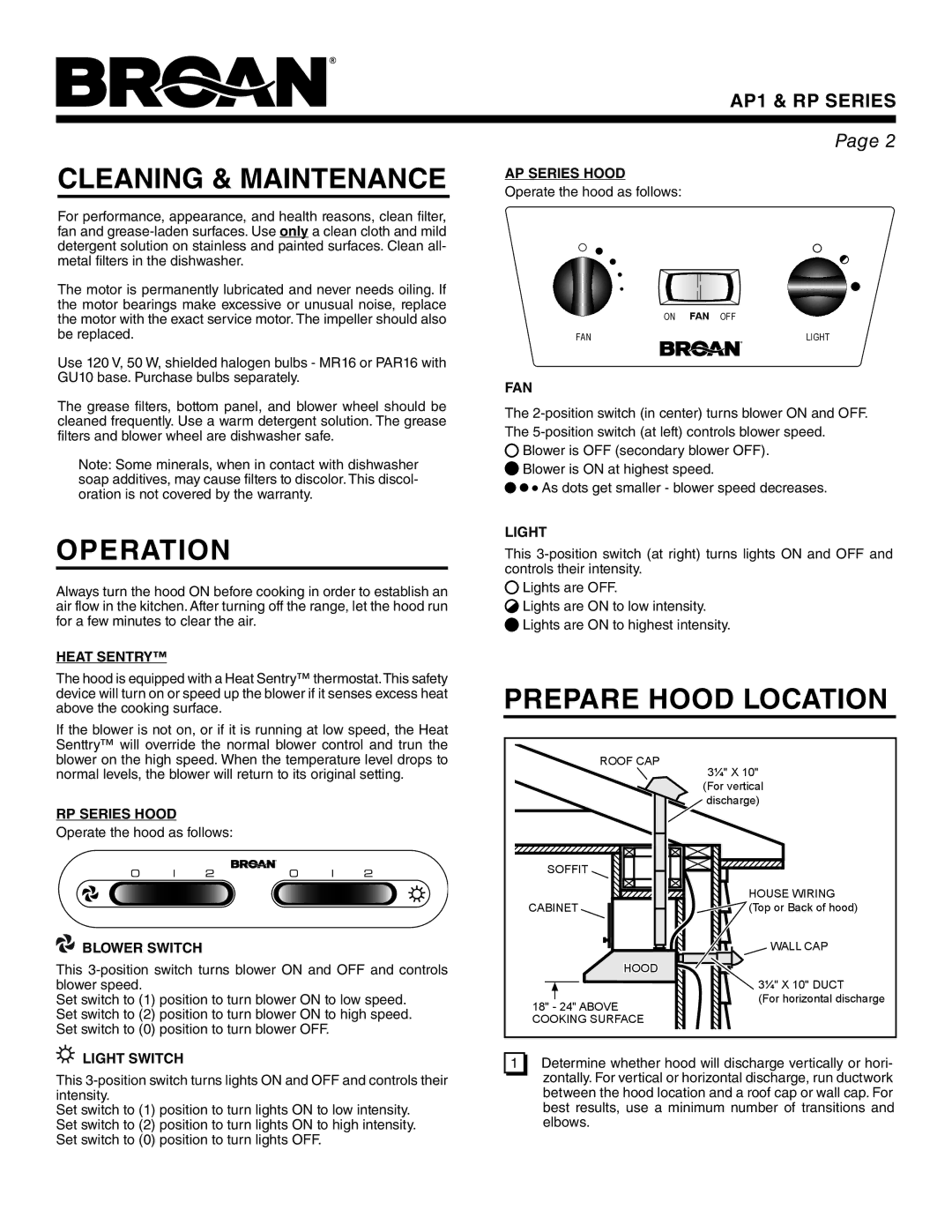 Broan RP, AP1 warranty Cleaning & Maintenance, Operation, Prepare Hood Location 