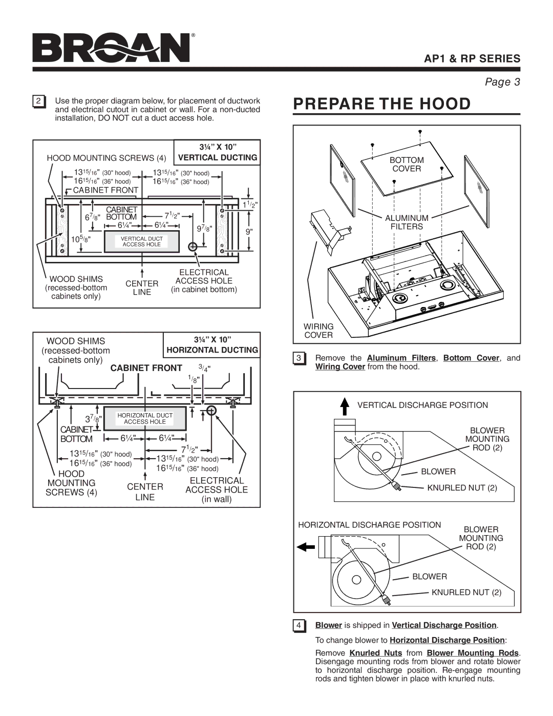 Broan AP1, RP warranty Prepare the Hood 