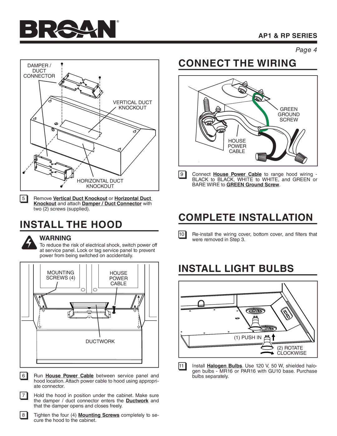 Broan RP Install the Hood, Connect the Wiring, Complete Installation, Install Light Bulbs, Bare Wire to Green Ground Screw 