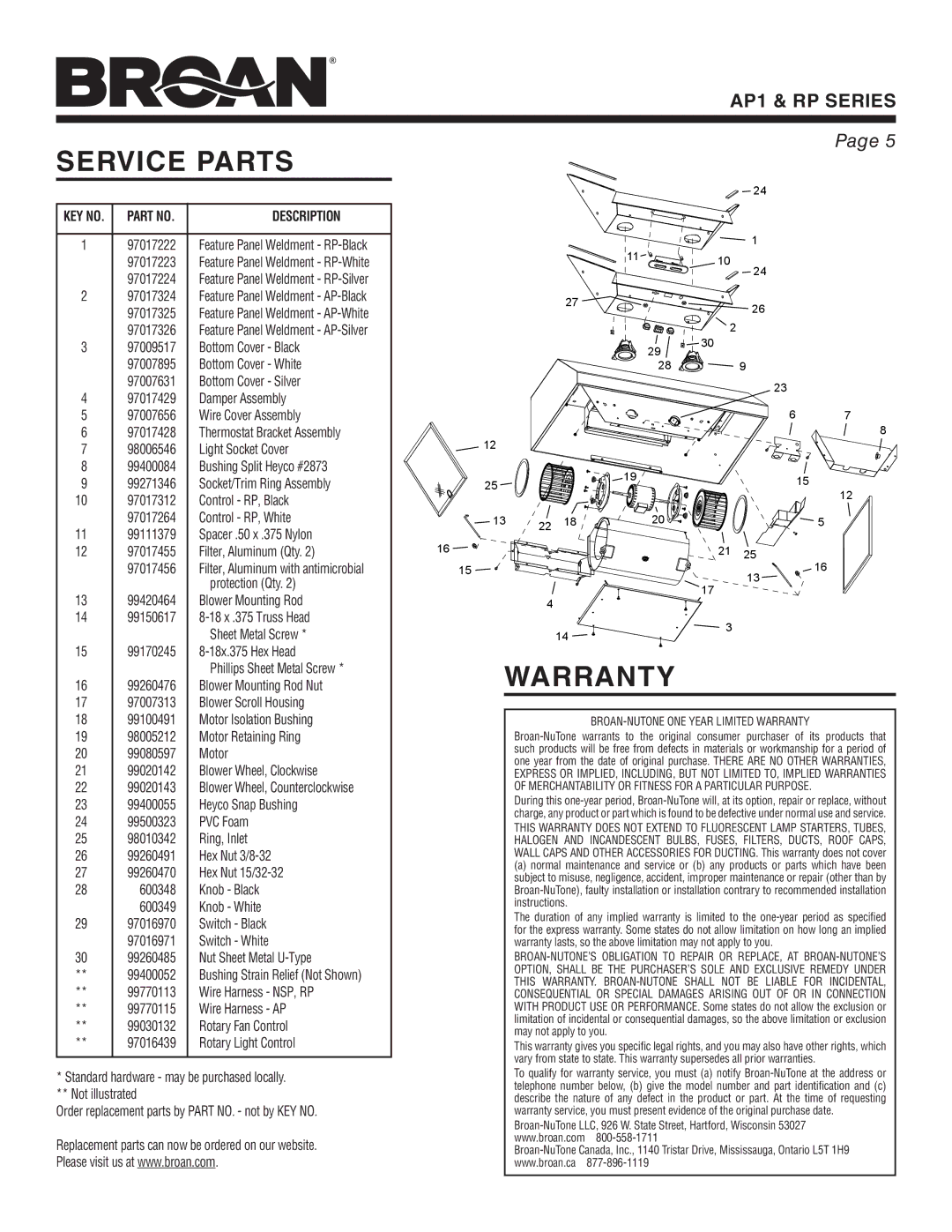 Broan AP1, RP warranty Service Parts, Warranty 