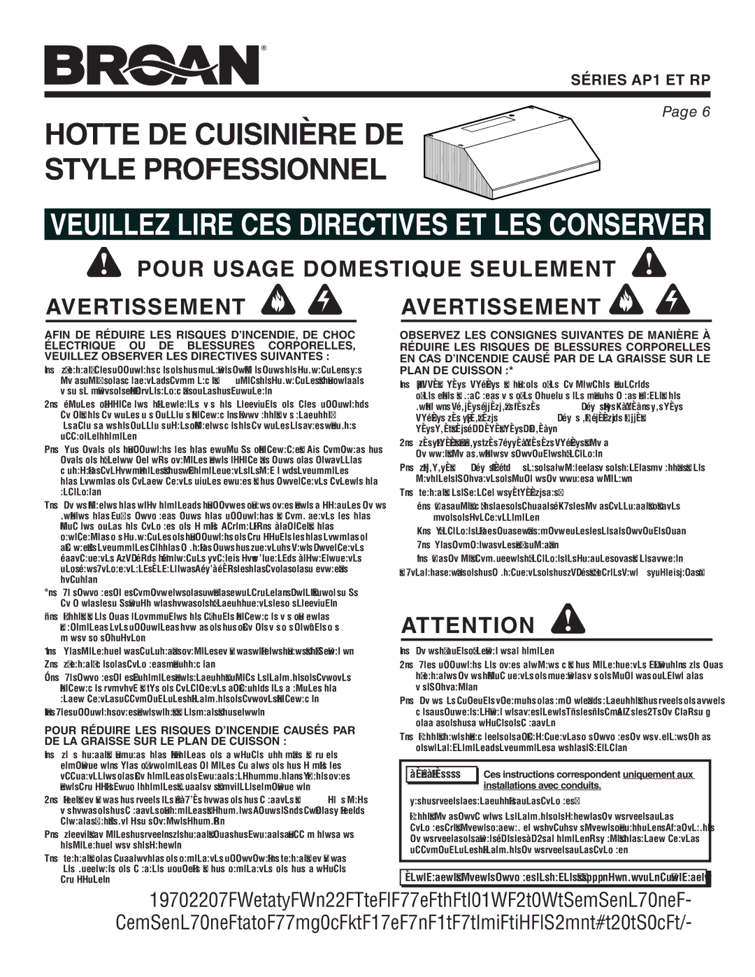 Broan RP, AP1 Pour Usage Domestique Seulement Avertissement Avertissement, Pour Réduire LES Risques D’INCENDIE Causés PAR 