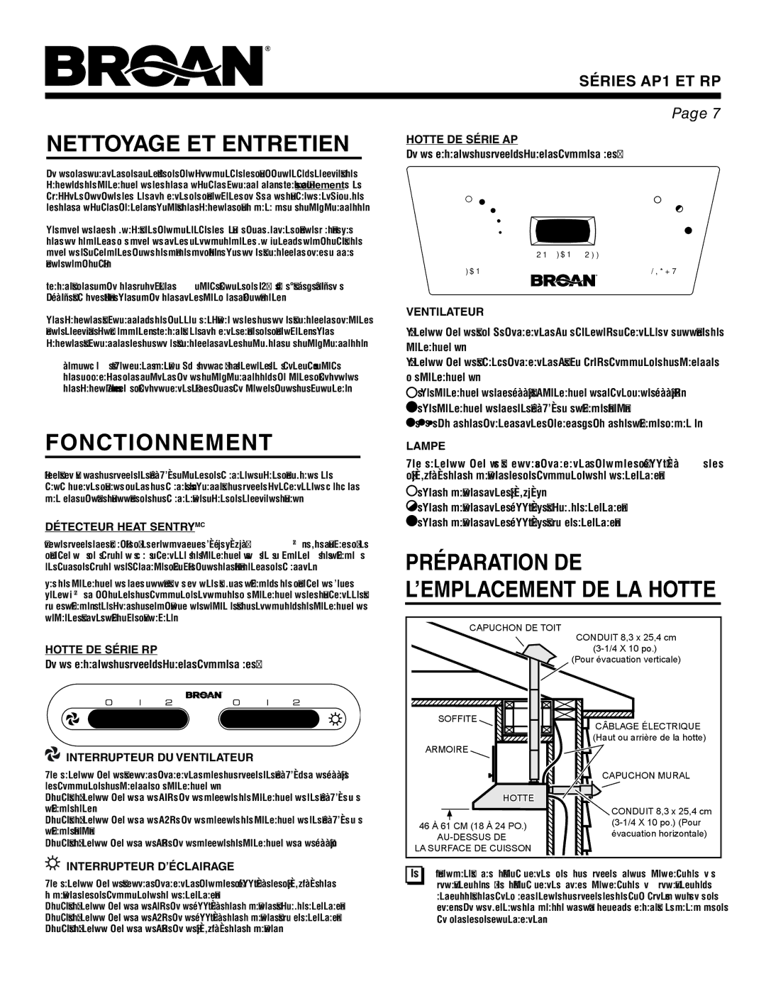 Broan AP1, RP warranty Nettoyage ET Entretien, Fonctionnement 