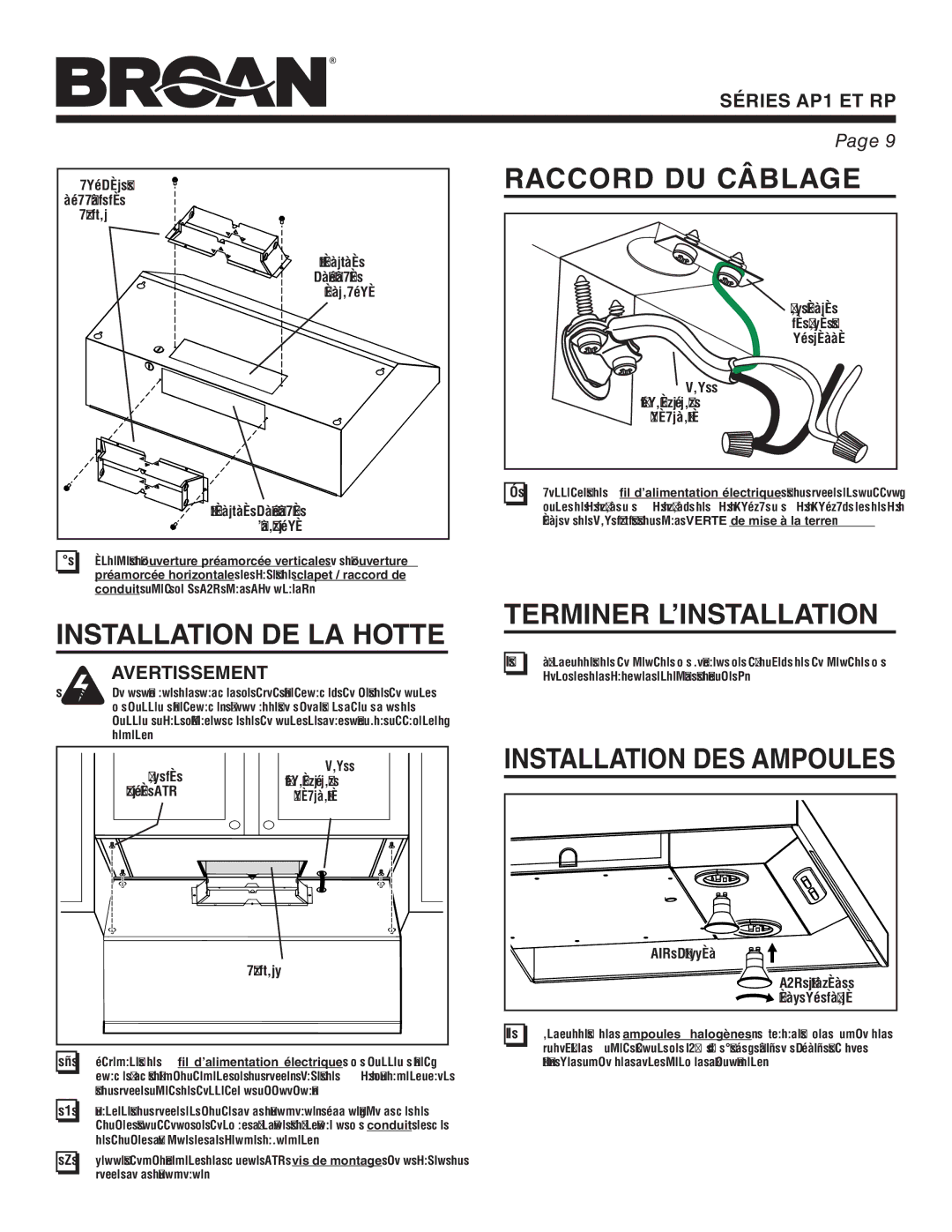 Broan AP1, RP warranty Installation DE LA Hotte, Raccord DU Câblage, Terminer L’INSTALLATION, Installation DES Ampoules 