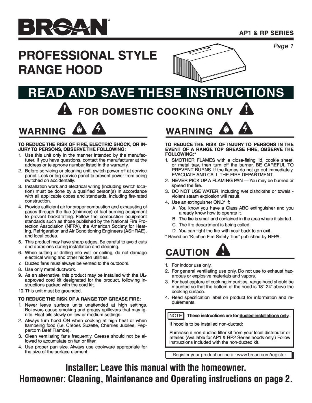 Broan AP1, RP warranty Professional Style Range Hood, Read And Save These Instructions, For Domestic Cooking Only, Page 