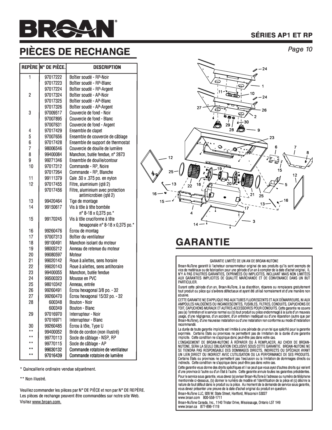 Broan warranty Pièces De Rechange, Garantie, Description, SÉRIES AP1 ET RP, Page 