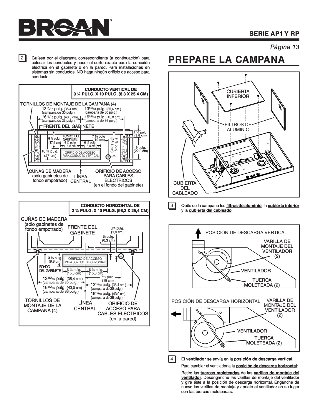 Broan warranty Prepare La Campana, Frente Del, Gabinete, SERIE AP1 Y RP, Página 
