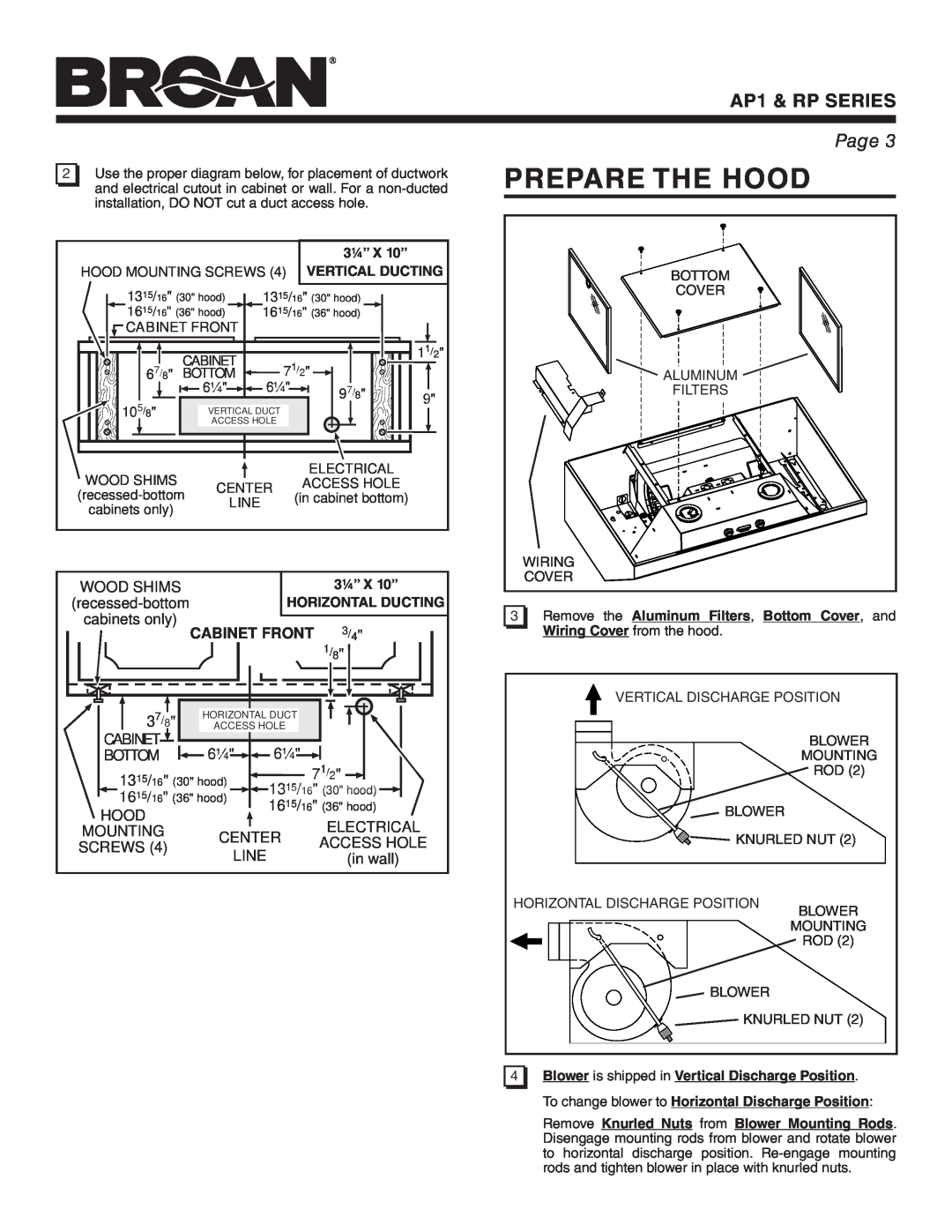 Broan warranty Prepare The Hood, CABINET FRONT 3/4, Cabinet, Bottom, AP1 & RP SERIES, Page 