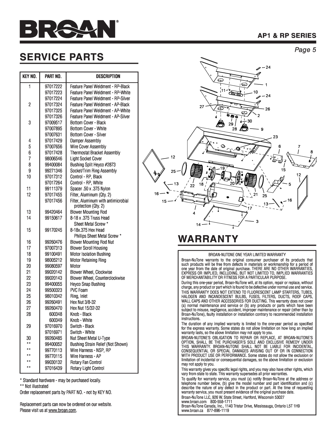 Broan warranty Service Parts, Warranty, AP1 & RP SERIES, Page 