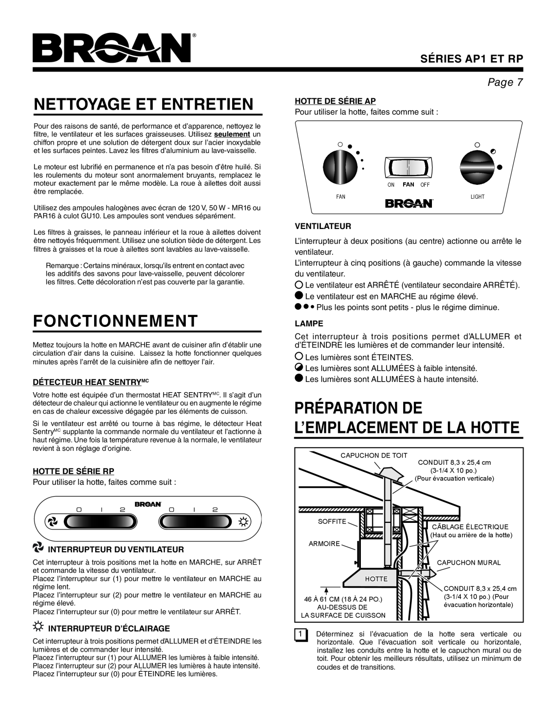 Broan AP1 Nettoyage Et Entretien, Fonctionnement, Préparation De L’Emplacement De La Hotte, Détecteur Heat Sentrymc, Lampe 