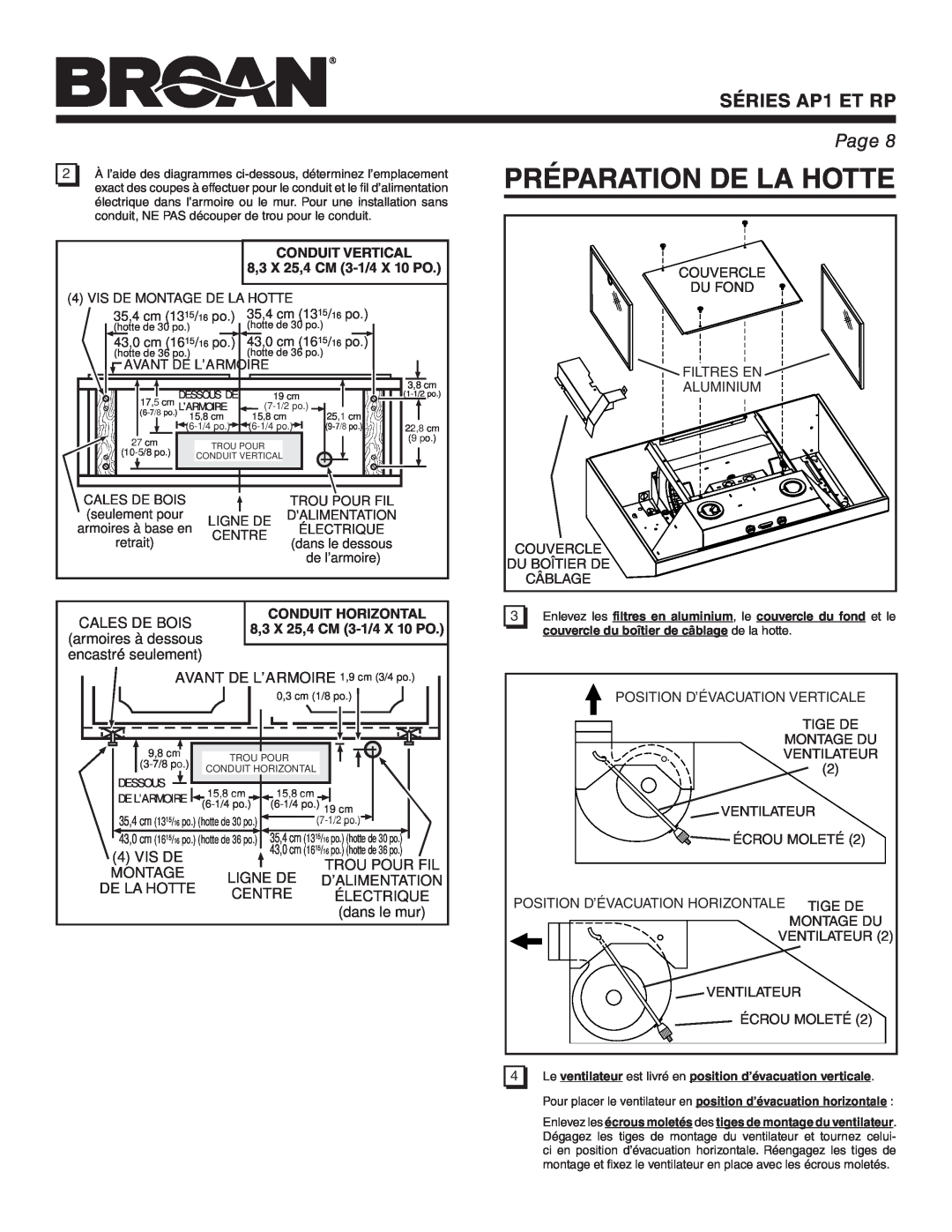 Broan RP Préparation De La Hotte, AVANT DE L’ARMOIRE 1,9 cm 3/4 po, Conduit Vertical, 8,3 X 25,4 CM 3-1/4 X 10 PO, Centre 