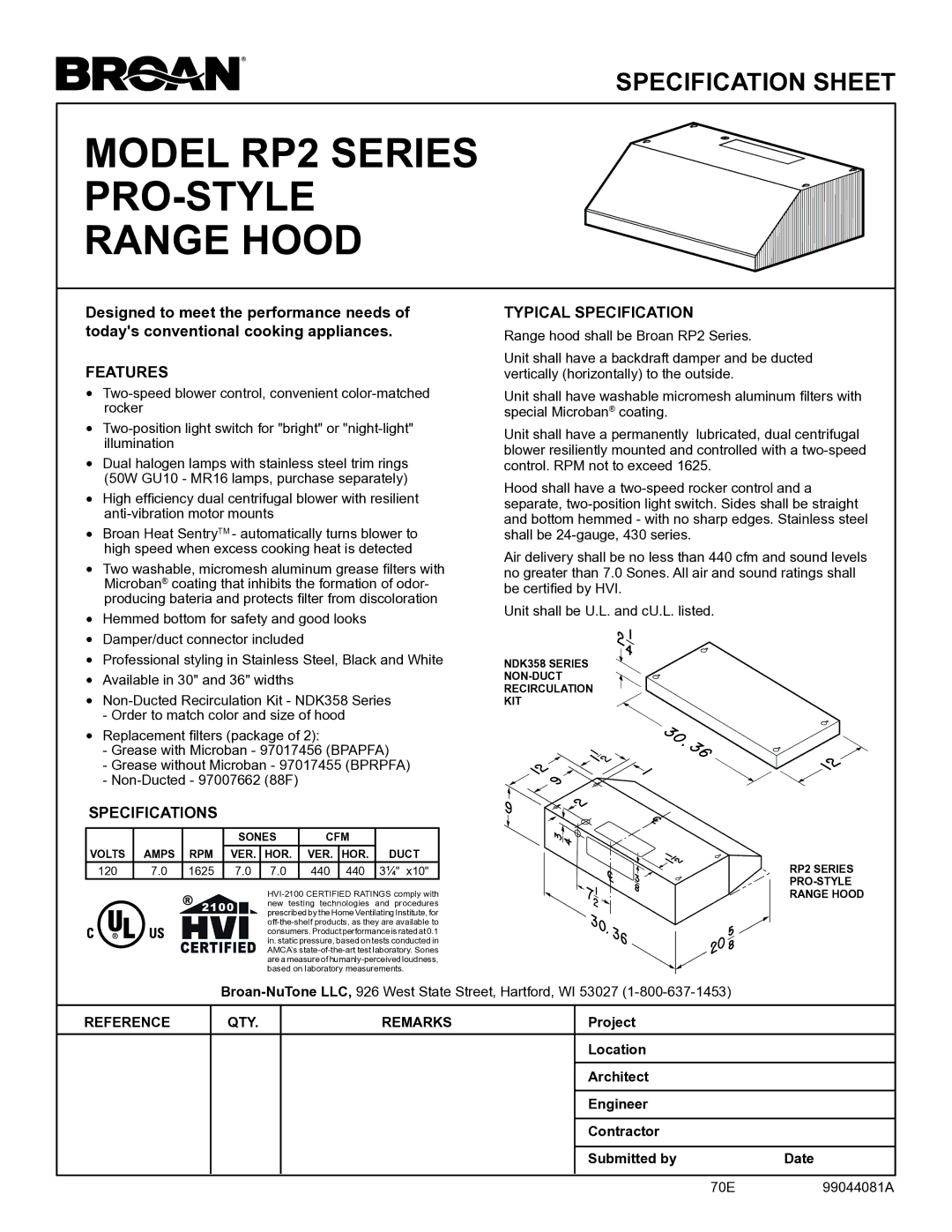 Broan specifications Model RP2 Series PRO-STYLE Range Hood, Features, Specifications, Typical Specification 