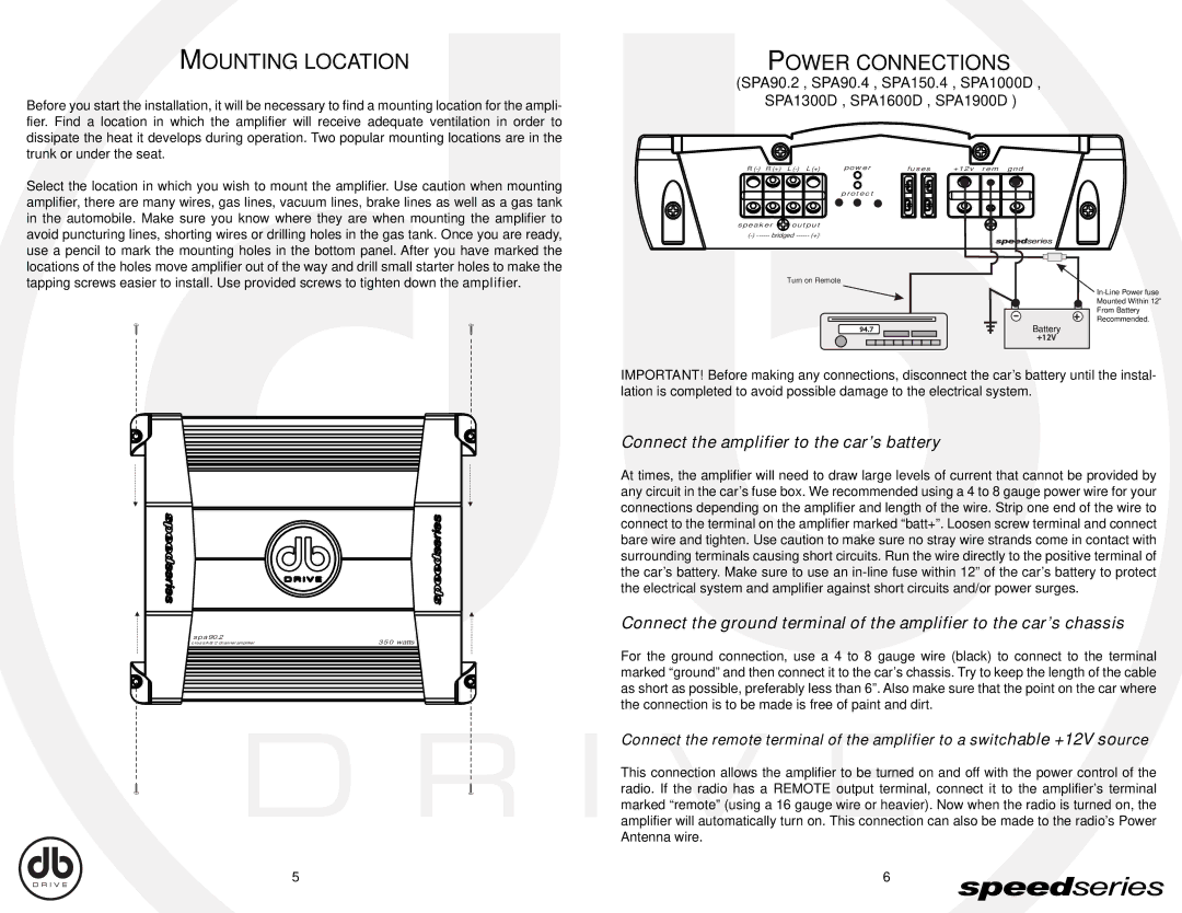 Broan SPA150.4, SPA90.4, SPA90.2, SPA1900D Mounting Location, Power Connections, Connect the amplifier to the car’s battery 