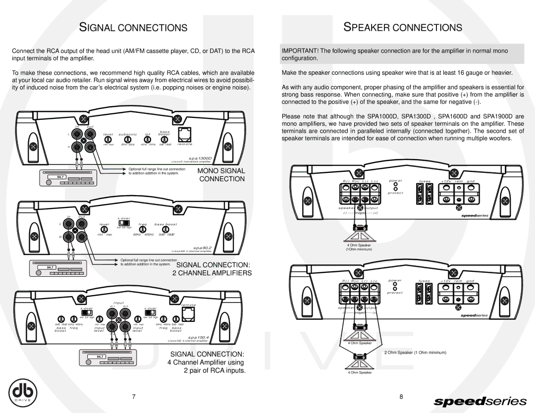 Broan SPA1300D, SPA90.4, SPA90.2, SPA1900D, SPA1600D, SPA150.4, SPA1000D Signal Connections, Speaker Connections 