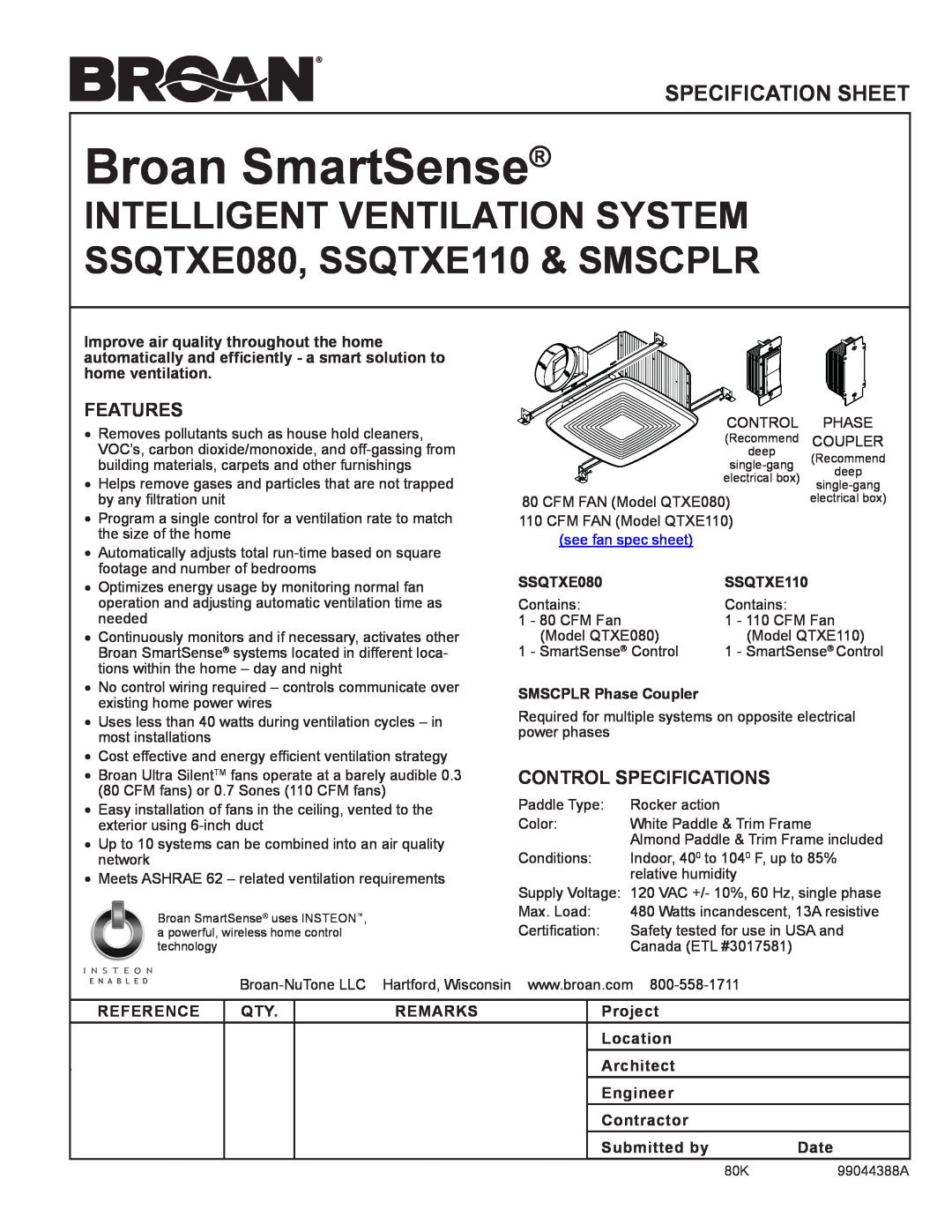 Broan SSQTXE080 specifications features, control specifications, SMSCPLR Phase Coupler, Reference, Remarks, Submitted by 