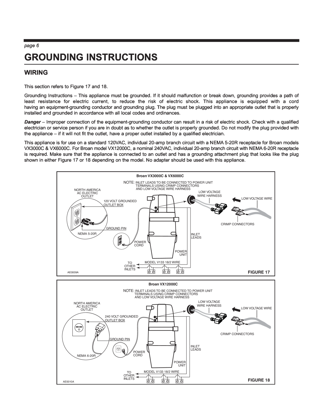 Broan VX12000C manual Grounding Instructions, Wiring, page 