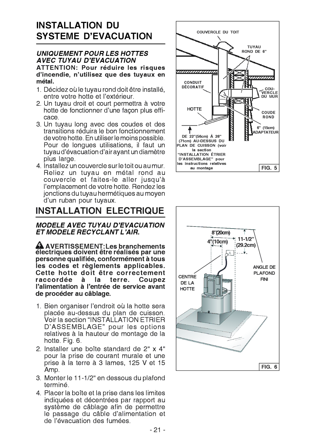 Broan WC26I Installation DU Systeme D’EVACUATION, Installation Electrique, Angle DE Plafond Centrefini DE LA Hotte 