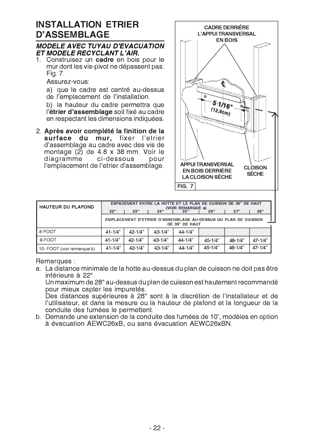 Broan WC26I manual Installation Etrier D’ASSEMBLAGE 