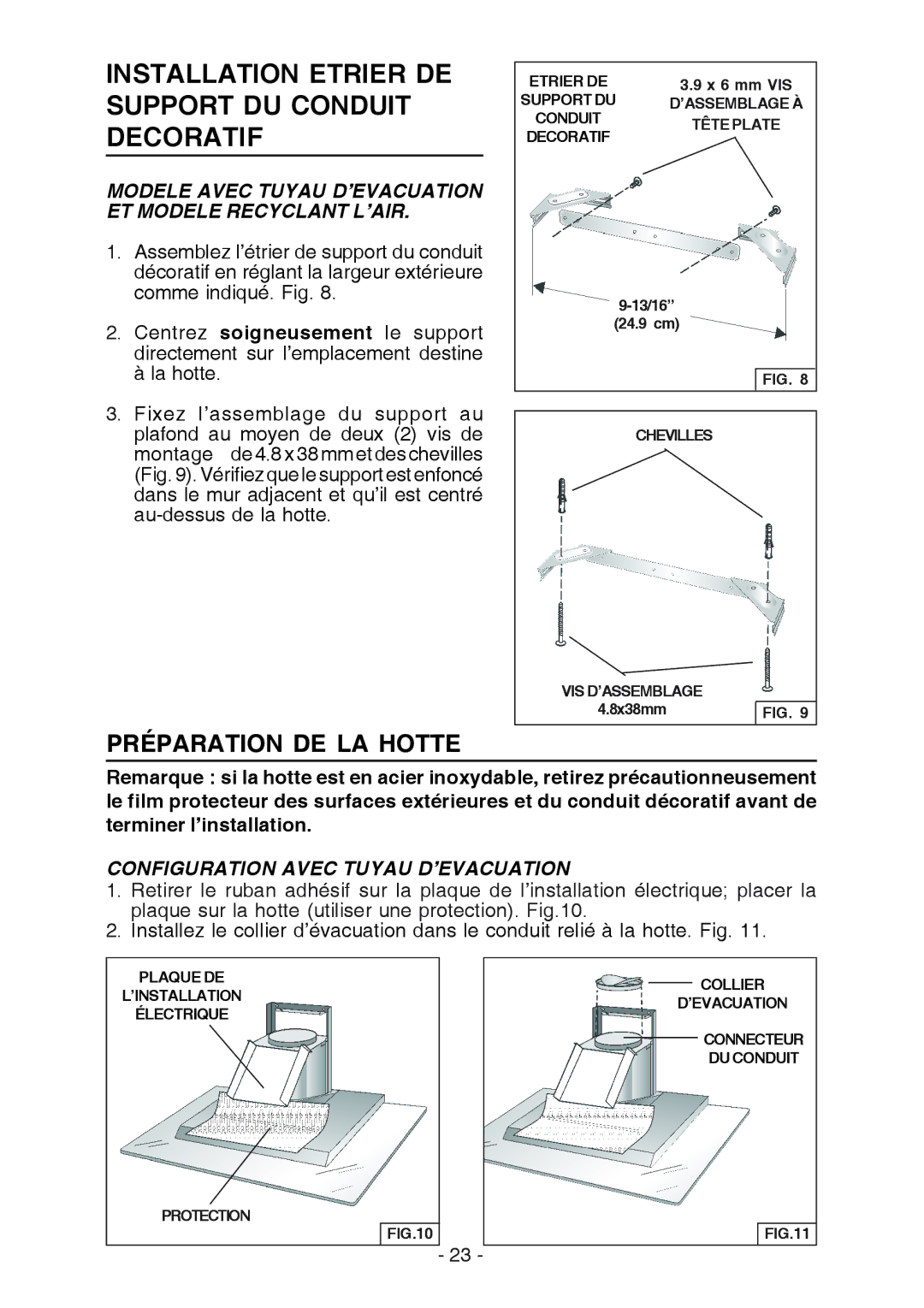 Broan WC26I manual Installation Etrier DE Support DU Conduit Decoratif, Configuration Avec Tuyau D’EVACUATION 