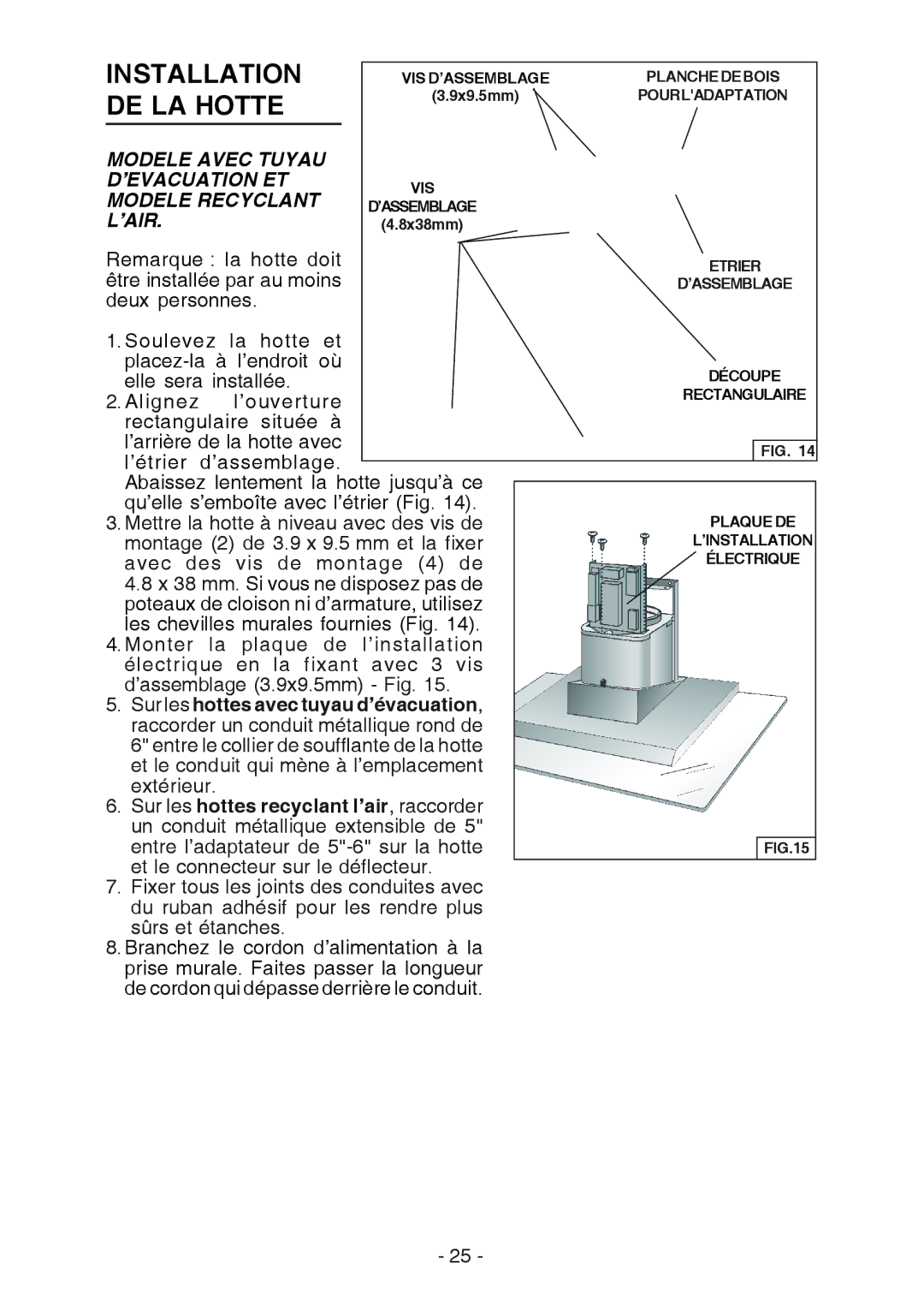 Broan WC26I manual Installation, DE LA Hotte, Modele Avec Tuyau ’EVACUATION ET, Modele Recyclant, ’Air 