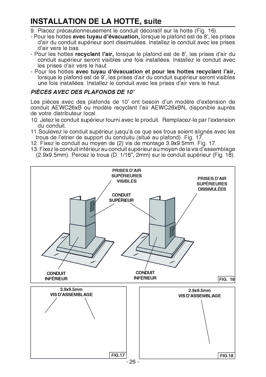 Broan WC26I manual Pièces Avec DES Plafonds DE 10’, Conduit Inférieur 