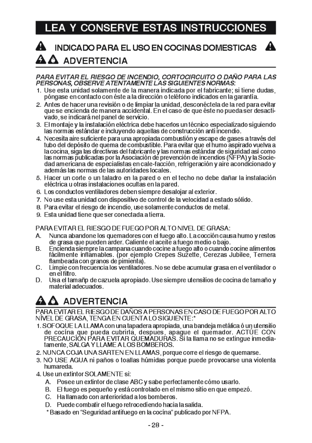 Broan WC26I manual LEA Y Conserve Estas Instrucciones, Advertencia 