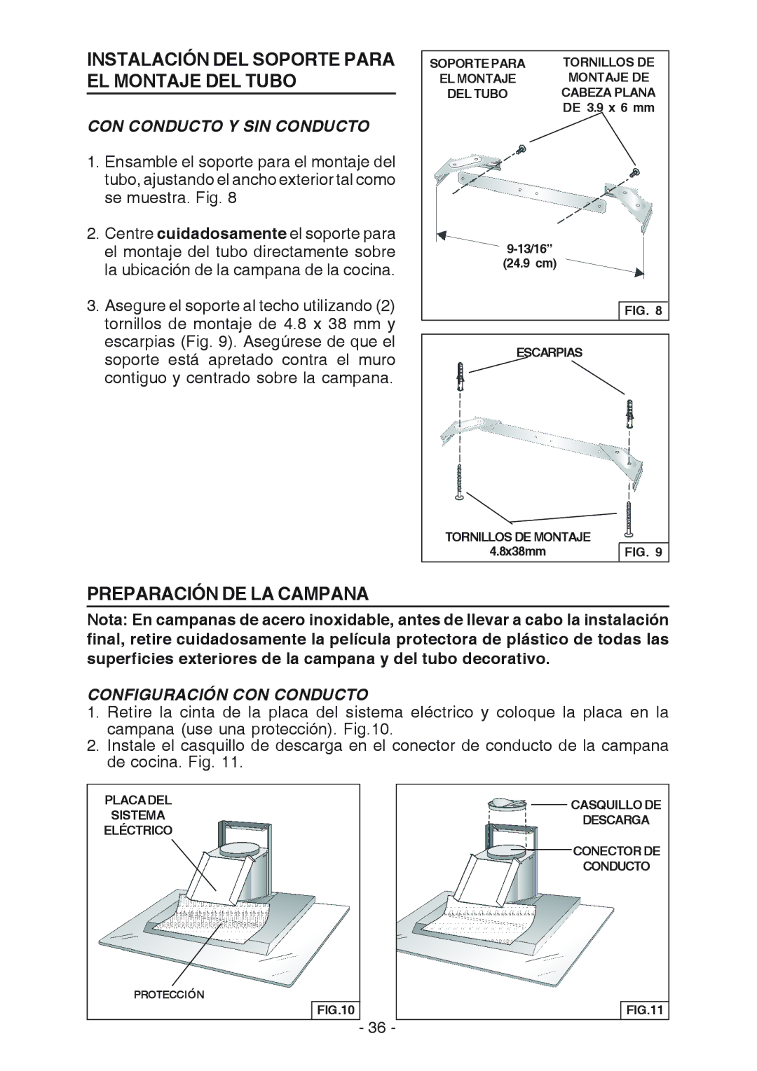 Broan WC26I manual Configuración CON Conducto, DEL Tubo, Tornillos DE Montaje, Protección 