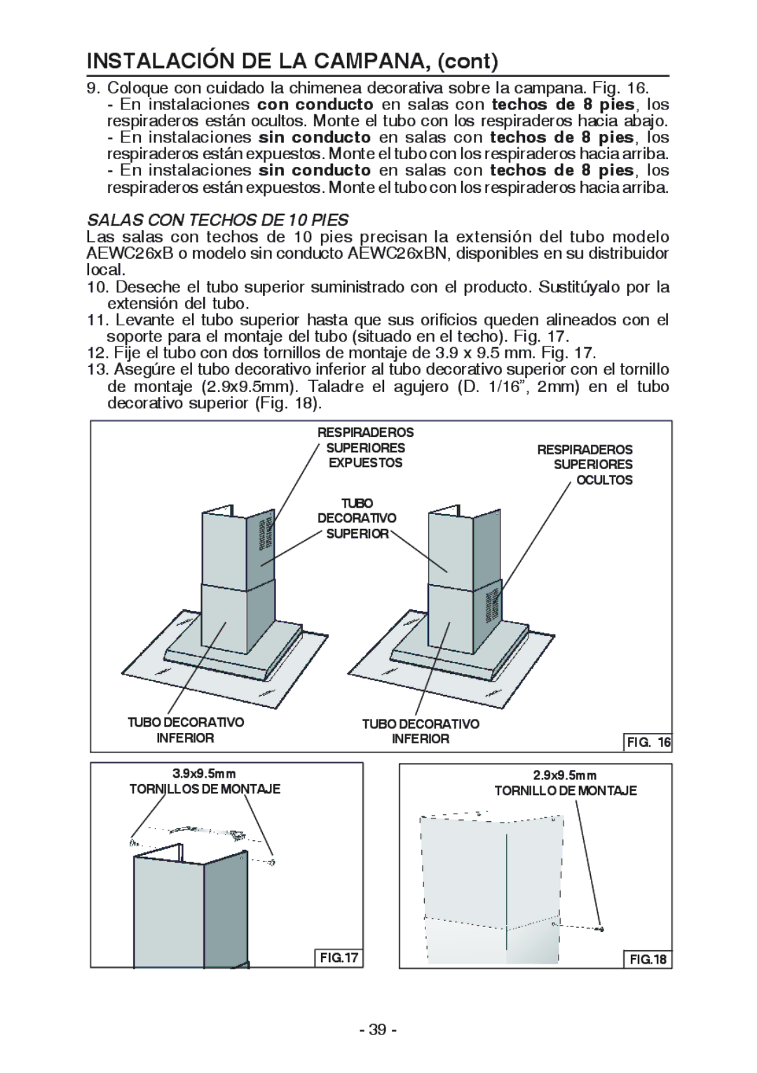 Broan WC26I manual Salas CON Techos DE 10 Pies, Tubo Decorativo Inferior 