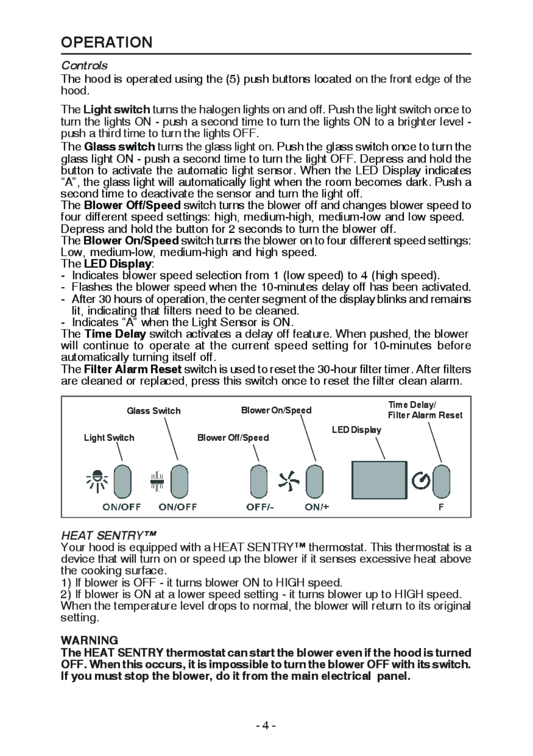 Broan WC26I manual Operation, Controls, LED Display, Heat Sentry 