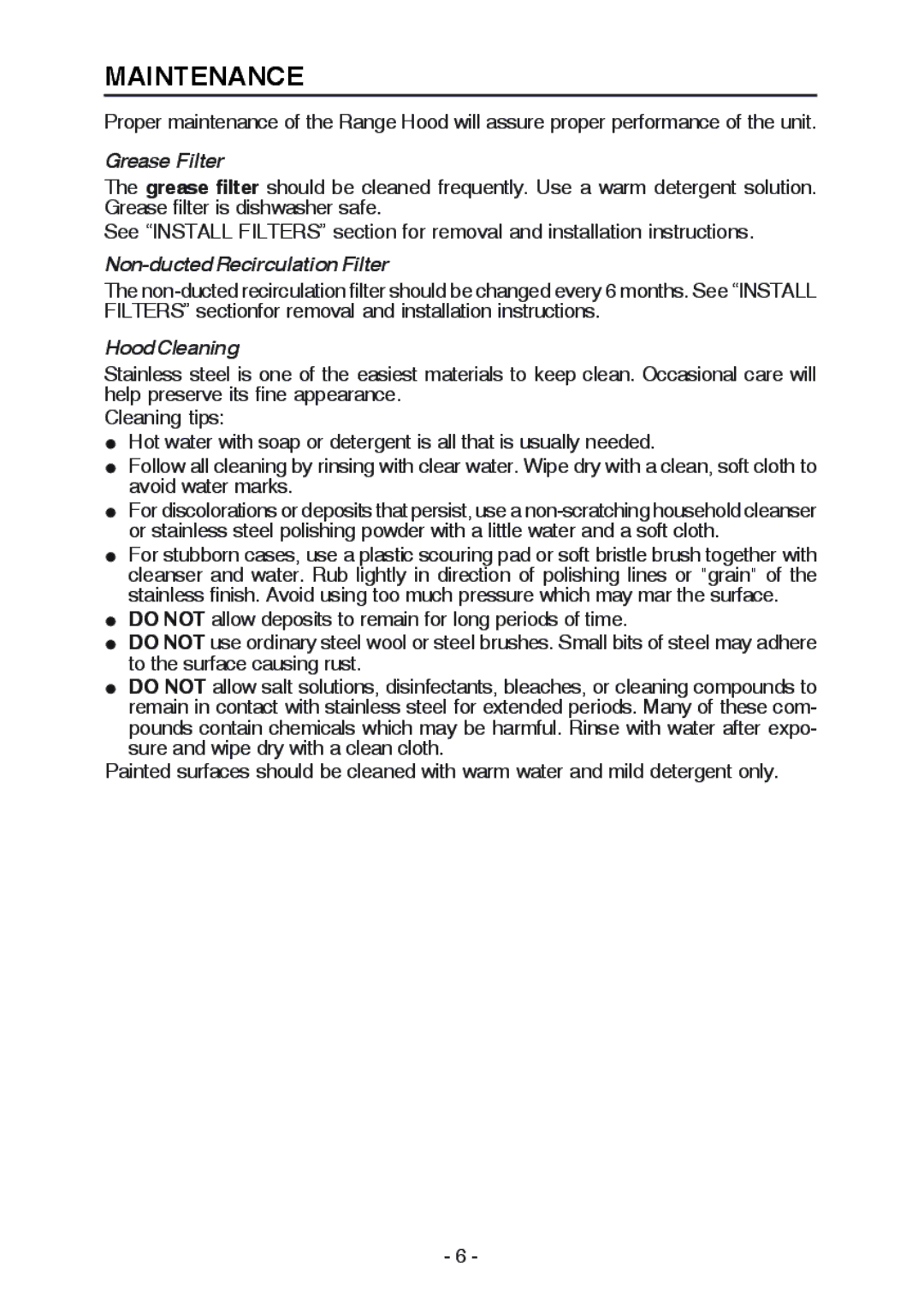 Broan WC26I manual Maintenance, Grease Filter, Non-ducted Recirculation Filter, Hood Cleaning 