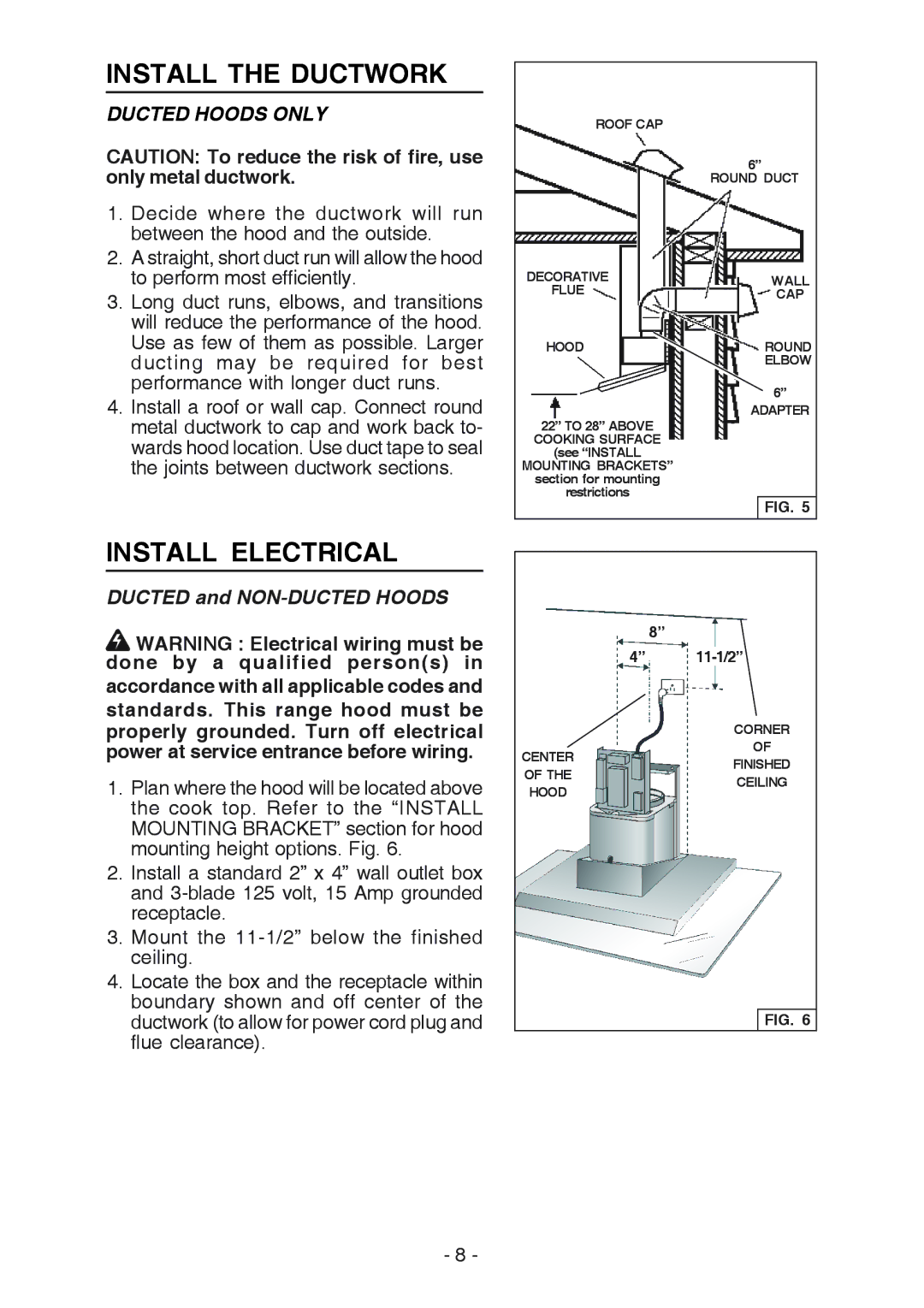 Broan WC26I manual Install the Ductwork, Install Electrical, Ducted Hoods only, Ducted and NON-DUCTED Hoods 