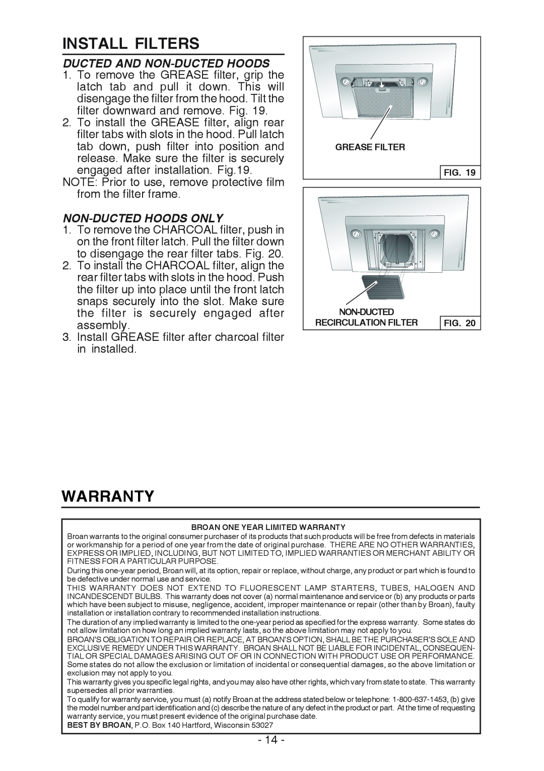 Broan WC26I manual Install Filters, Warranty, Non-Ducted Hoods Only, Ducted And Non-Ducted Hoods 