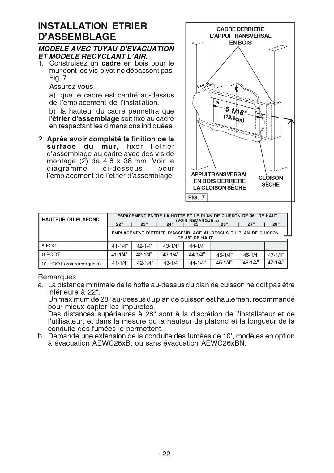 Broan WC26I manual Installation Etrier D’Assemblage 