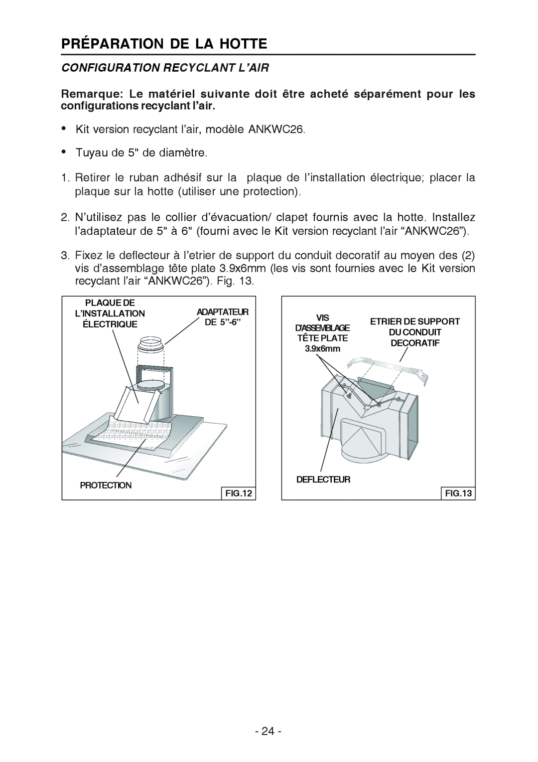 Broan WC26I manual Configuration Recyclant L’Air, Préparation De La Hotte 