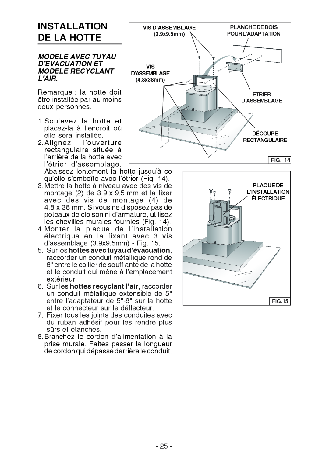 Broan WC26I manual Installation, De La Hotte, Modele Avec Tuyau, D’Evacuation Et, Modele Recyclant, L’Air 