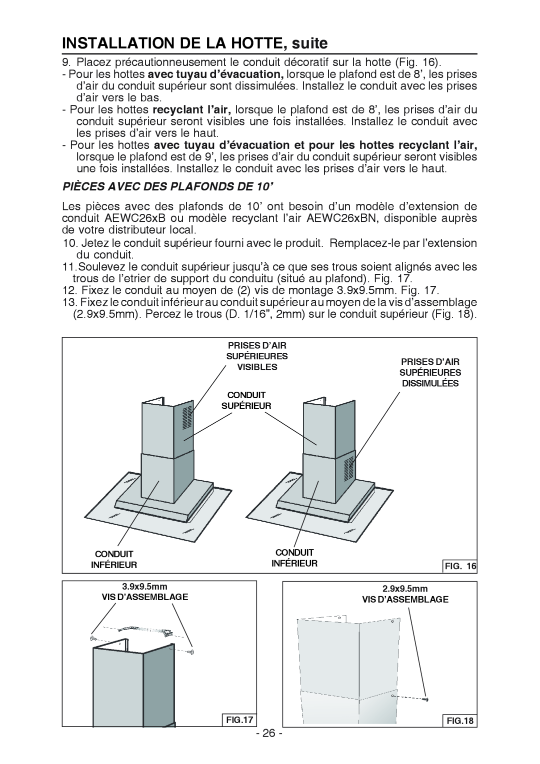 Broan WC26I manual INSTALLATION DE LA HOTTE, suite, PIÈCES AVEC DES PLAFONDS DE 10’ 