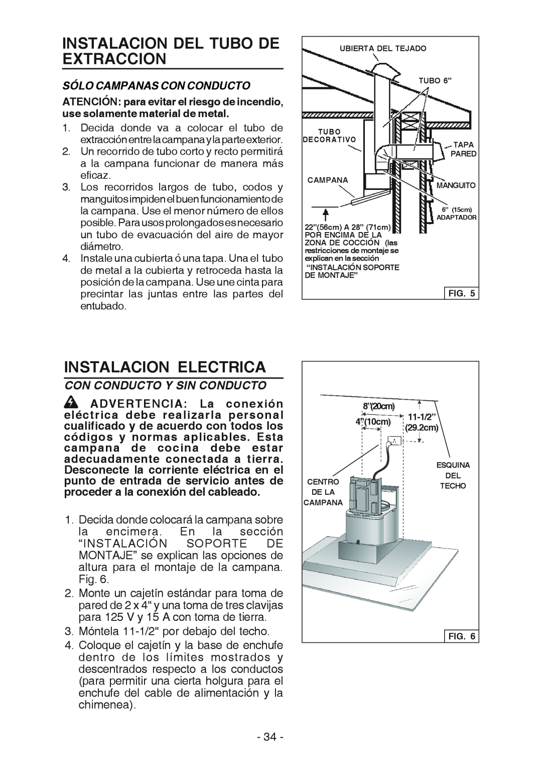 Broan WC26I manual Instalacion Del Tubo De Extraccion, Instalacion Electrica, Con Conducto Y Sin Conducto 