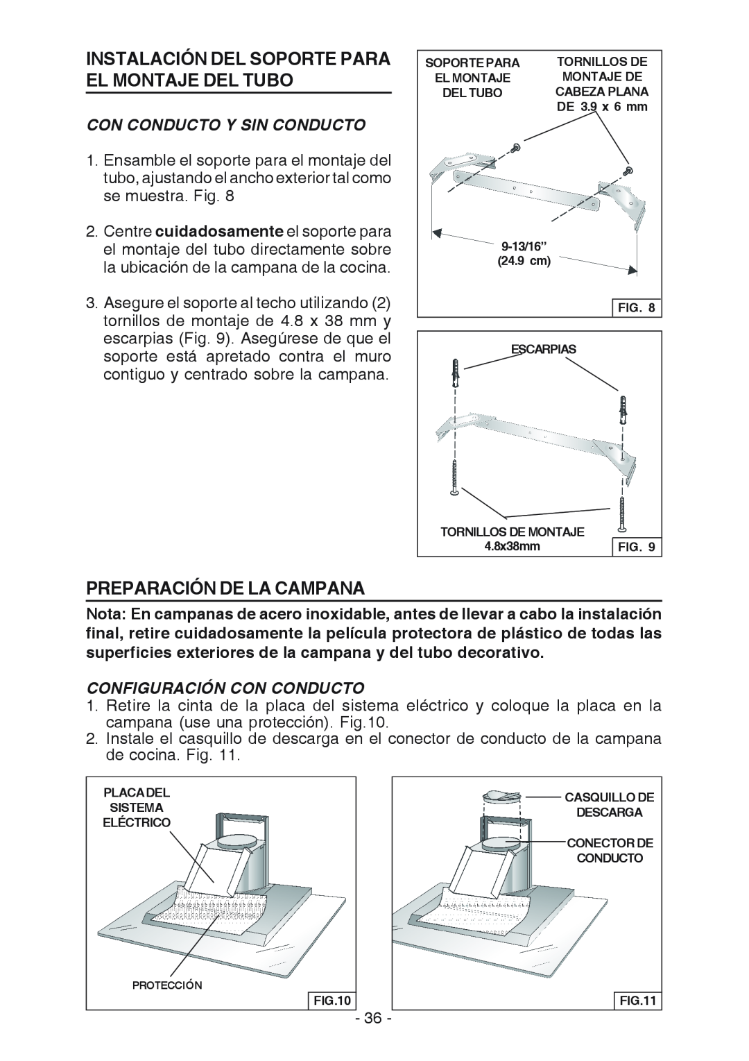 Broan WC26I manual Configuración Con Conducto, Instalación Del Soporte Para El Montaje Del Tubo, Preparación De La Campana 