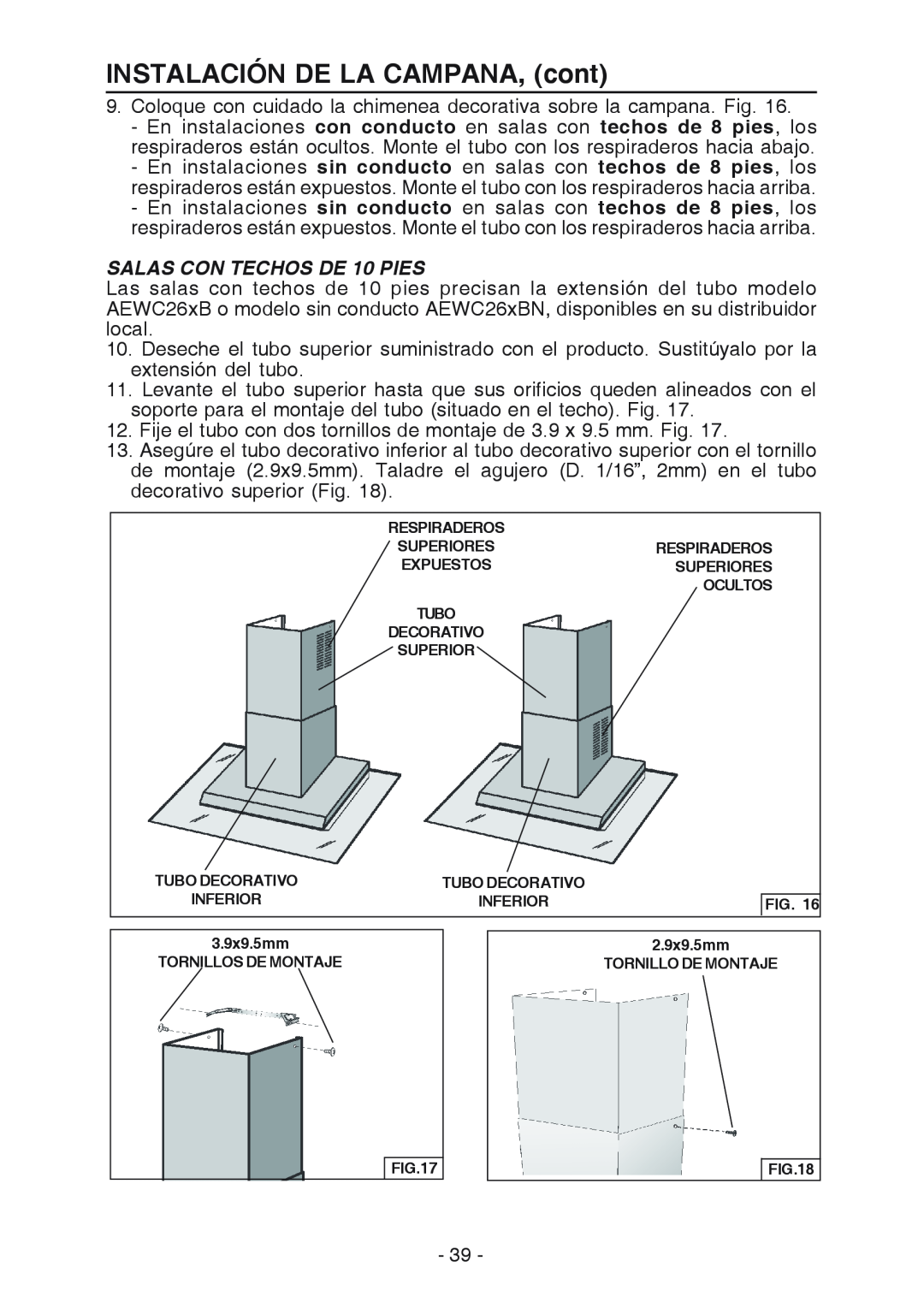 Broan WC26I manual INSTALACIÓN DE LA CAMPANA, cont, SALAS CON TECHOS DE 10 PIES 
