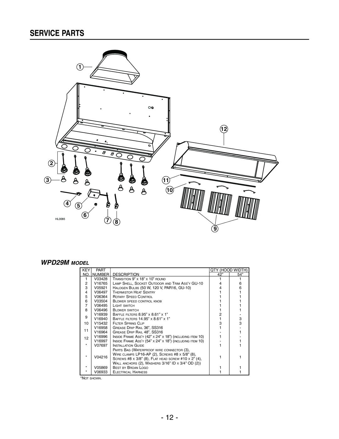 Broan installation instructions Service Parts, WPD29M Model 