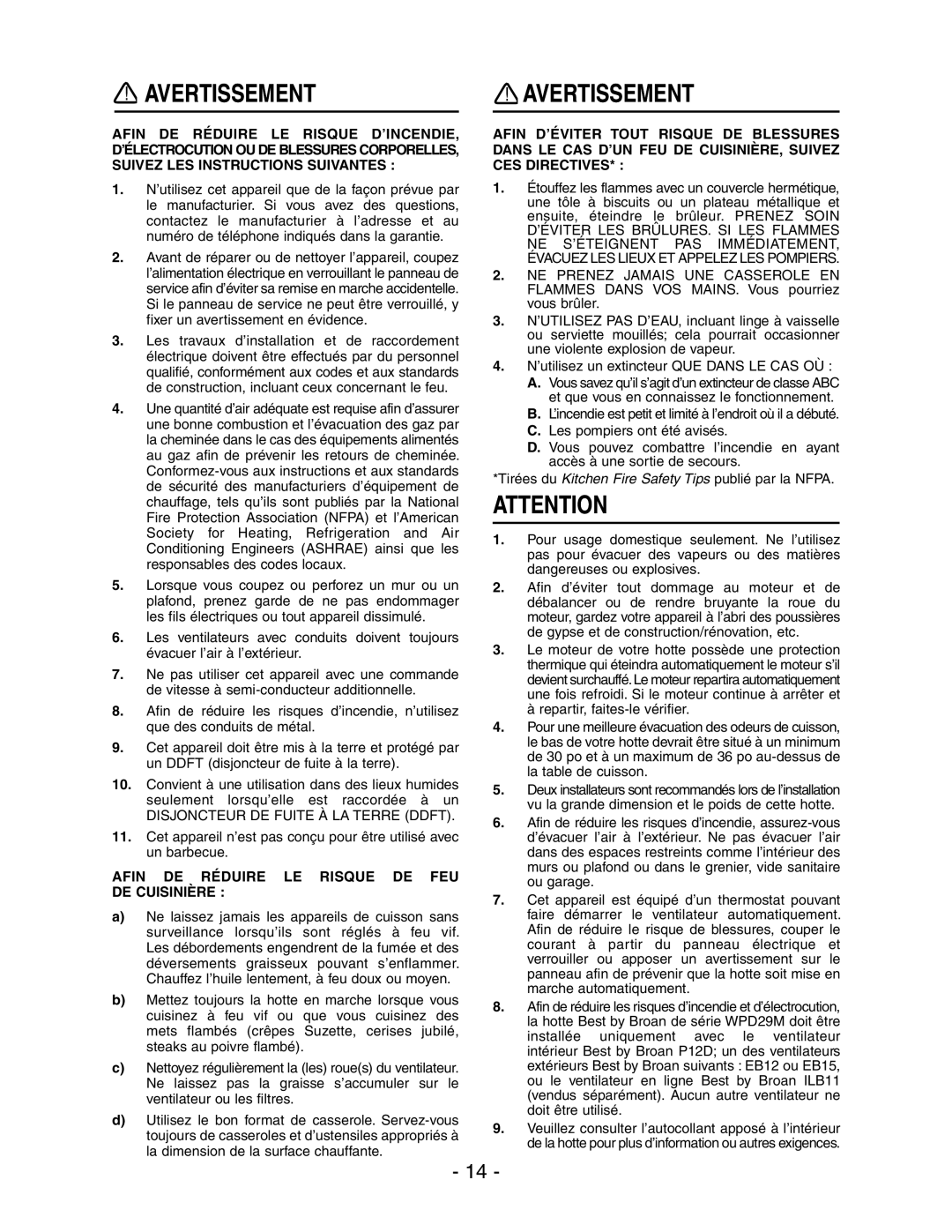 Broan WPD29M installation instructions Avertissement, Afin DE Réduire LE Risque DE FEU DE Cuisinière 