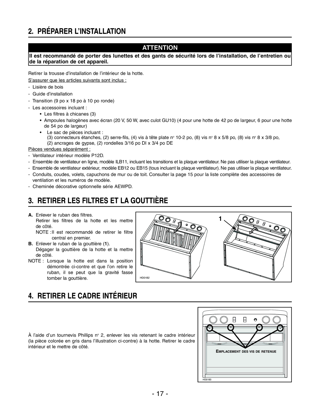 Broan WPD29M Préparer L’INSTALLATION, Retirer LES Filtres ET LA Gouttière, Retirer LE Cadre Intérieur 